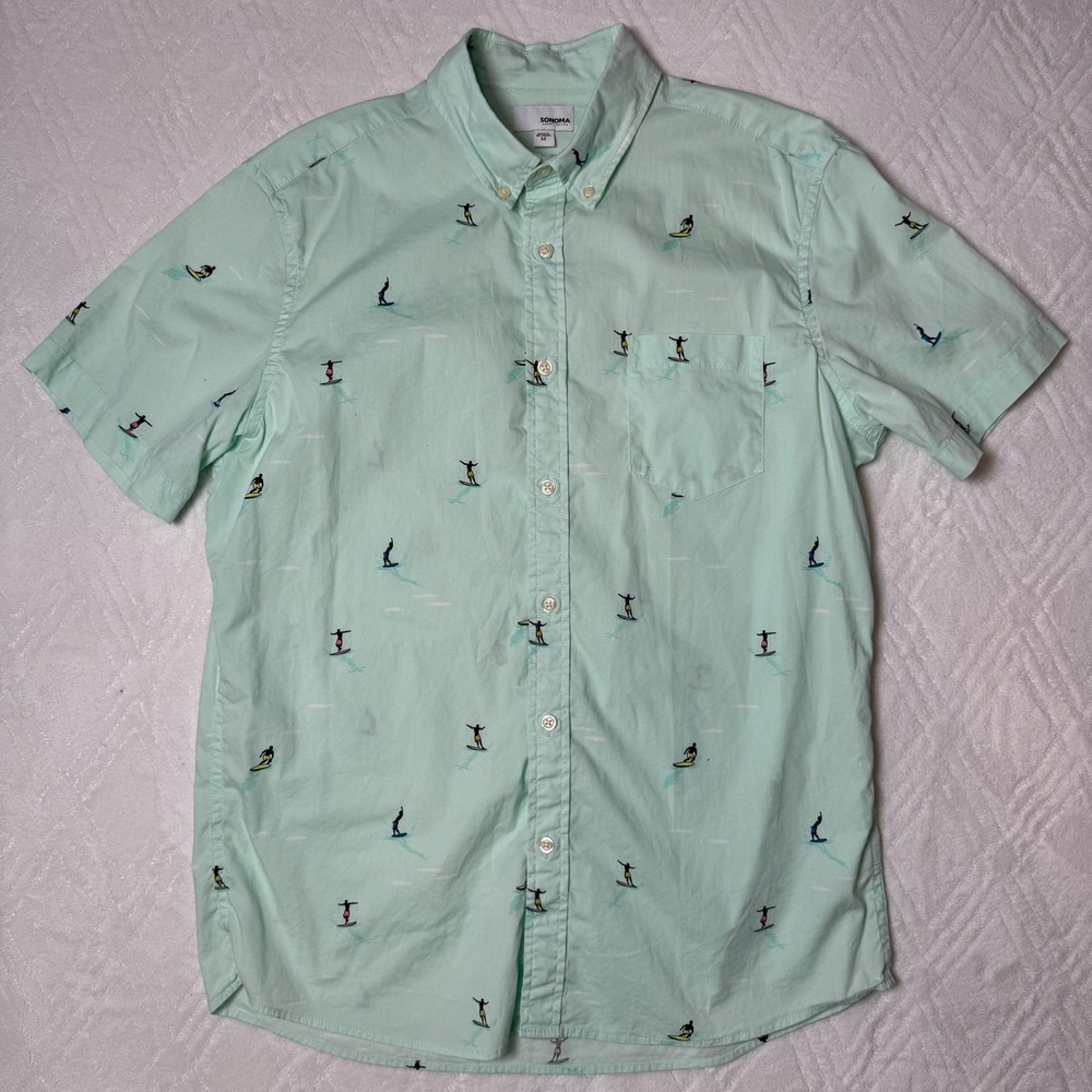 Coastal Surfer Sonoma Mens M Mint Green Novelty Print Button Down Shirt